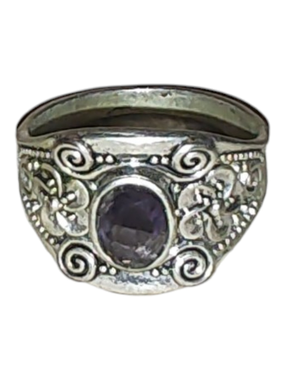 Sterling Ornate Floral Scroll Band Faceted Gemstone Filigree Statement Ring 10.5